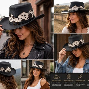 May include: A black leather hat featuring a white and black cowhide pattern around the crown. The hat includes a black braided band with a small metallic buckle detail. The design combines a smooth leather top and brim with a textured hide band.