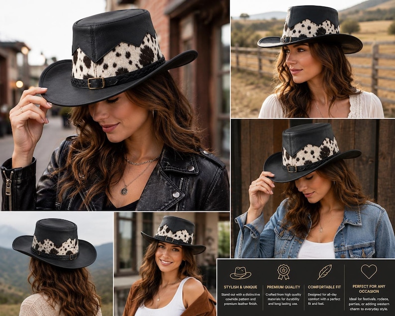 May include: A black leather hat featuring a white and black cowhide pattern around the crown. The hat includes a black braided band with a small metallic buckle detail. The design combines a smooth leather top and brim with a textured hide band.