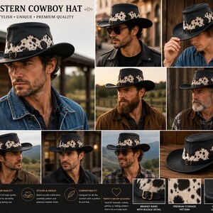 May include: A black western cowboy hat featuring a white and black cowhide pattern band, a wide brim, and a thin braided leather strap with a metal buckle. The hat is displayed in multiple views, highlighting the textured finish and design.