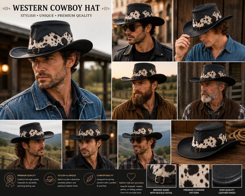 May include: A black western cowboy hat featuring a white and black cowhide pattern band, a wide brim, and a thin braided leather strap with a metal buckle. The hat is displayed in multiple views, highlighting the textured finish and design.