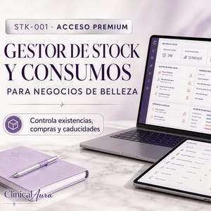 May include: A laptop and tablet displaying a stock management dashboard for beauty businesses, titled GESTOR DE STOCK Y CONSUMOS PARA NEGOCIOS DE BELLEZA. A lavender notebook and pen are nearby, with the ClinicalAura logo visible at the bottom left.