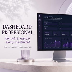 Könnte beinhalten: Ein Computermonitor zeigt ein professionelles Business-Dashboard im dunklen Design mit violetten Datenvisualisierungen, Liniendiagrammen und Charts. Der Bildschirm enthält Text wie DASHBOARD PROFESIONAL und verschiedene Kennzahlen.