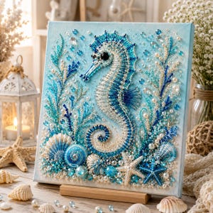 May include: A square canvas art piece featuring a beaded seahorse in shades of blue and white. The seahorse is surrounded by intricate beadwork, small white pearls, clear crystals, and decorative seashells, all set against a light blue background.