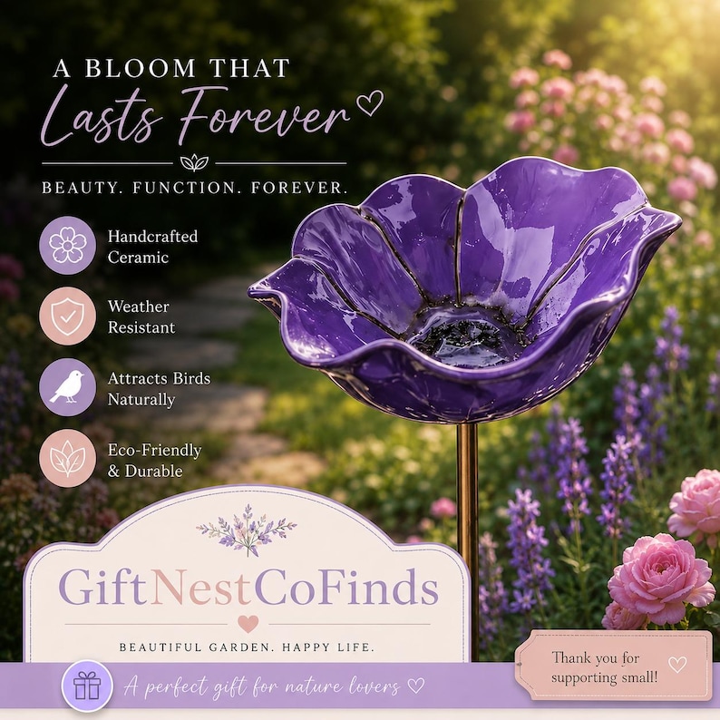 Puede incluir: Un ba&ntilde;o para p&aacute;jaros de cer&aacute;mica morada con forma de flor, montado sobre una fina estaca de metal. El texto dice: A BLOOM THAT Lasts Forever, BEAUTY. FUNCTION. FOREVER., Handcrafted Ceramic, Weather Resistant, Attracts Birds Naturally, Eco-Friendly & Durable.