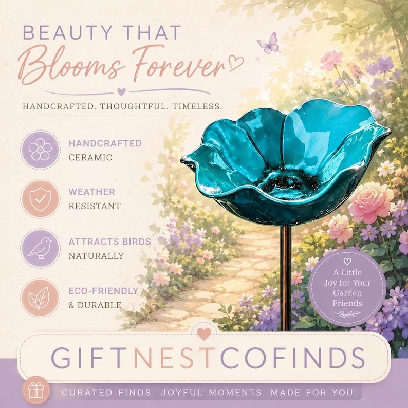 Puede incluir: Un ba&ntilde;o para p&aacute;jaros de cer&aacute;mica color turquesa en forma de flor sobre una varilla met&aacute;lica delgada. El texto dice: BEAUTY THAT BLOOMS FOREVER, HANDCRAFTED. THOUGHTFUL. TIMELINE. HANDCRAFTED CERAMIC, WEATHER RESISTANT, ATTRACTS BIRDS, GIFTNESTCOFINDS.