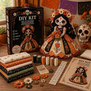 Kit fai da te per cucire una bambola patchwork del Giorno dei Morti, kit per creare bambole di stoffa fatte a mano per Halloween con dettagli floreali e teschio.