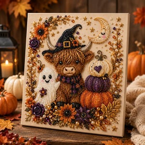 May include: A square diamond painting featuring a brown Highland cow wearing a black witch hat and a plaid scarf. Beside the cow is a white ghost and a stack of three pumpkins in white, purple, and orange. The scene is decorated with beads.