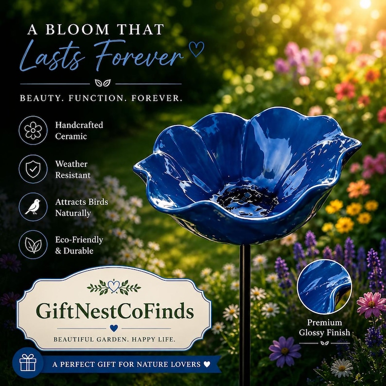 Estaca para bebedero de pájaros con forma de flor, bebedero de metal para pájaros de jardín, comedero para pájaros de exterior, bebedero para polinizadores, bebedero floral de exterior para pájaros Dark blue