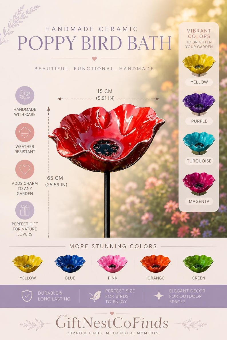 Puede incluir: Un ba&ntilde;o para p&aacute;jaros de cer&aacute;mica hecho a mano con forma de amapola roja sobre una estaca de metal negro. El cuenco mide 15 cm de di&aacute;metro y la altura total es de 65 cm. Las opciones de color adicionales incluyen amarillo, morado, turquesa, magenta, azul, rosa, naranja y verde.