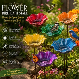 Puede incluir: Un conjunto de bebederos para p&aacute;jaros en forma de flor en rojo, naranja, amarillo, verde, azul y morado. El texto dice FLOWER BIRD BATH STAKE, Beauty for Your Garden, Happiness for Birds, Flower-Inspired Elegant Design, Durable & Weather-Resistant, Attracts Birds, Bees & Butterflies, Easy to Install Garden Stake, Perfect for Any Outdoor Space, A Charming Oasis for Your Feathered Friends.