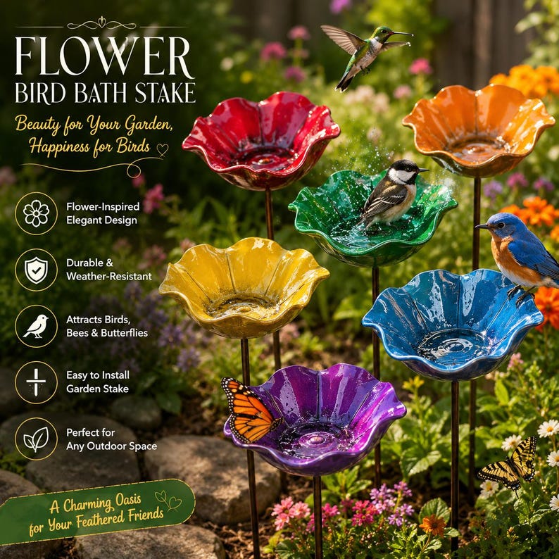 Puede incluir: Un conjunto de bebederos para p&aacute;jaros en forma de flor en rojo, naranja, amarillo, verde, azul y morado. El texto dice FLOWER BIRD BATH STAKE, Beauty for Your Garden, Happiness for Birds, Flower-Inspired Elegant Design, Durable & Weather-Resistant, Attracts Birds, Bees & Butterflies, Easy to Install Garden Stake, Perfect for Any Outdoor Space, A Charming Oasis for Your Feathered Friends.