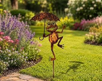 Estaca de jardín con forma de rana divertida, rana rústica de metal con sombrilla, decoración de jardín con forma de rana, estaca de jardín con forma de animal, adorno para exteriores.