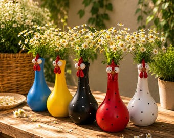 Colorful Rooster Neck Resin Vase, Funny Chicken Flower Vase, Farmhouse Table Decor, Hand Painted  Resin Ornament, Rustic Home Accent