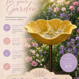 Puede incluir: Un ba&ntilde;o para p&aacute;jaros de cer&aacute;mica amarilla con forma de p&eacute;talo de flor, montado sobre una fina estaca de metal. El texto dice: A LITTLE BEAUTY for your Garden, Handcrafted to bring charm, joy, and nature together, GiftNestCoFinds, A little TOUCH OF NATURE, A LIFETIME OF JOY.