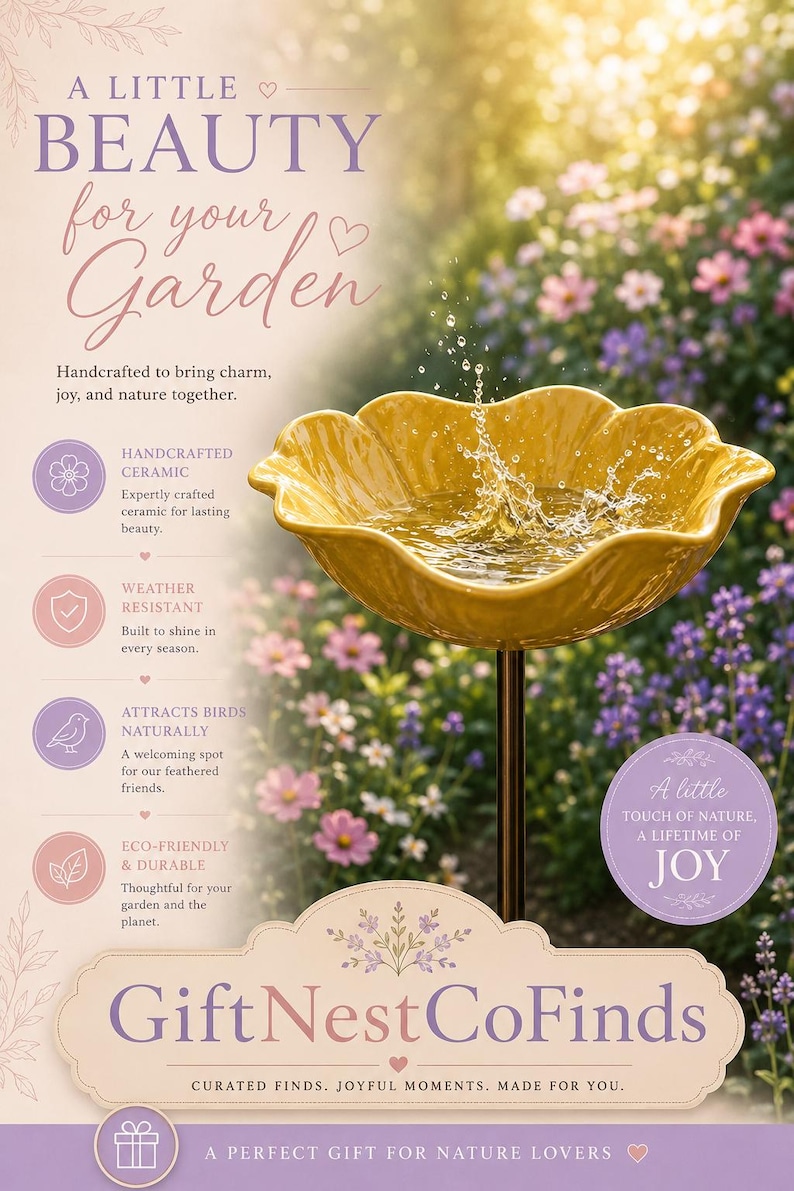 Puede incluir: Un ba&ntilde;o para p&aacute;jaros de cer&aacute;mica amarilla con forma de p&eacute;talo de flor, montado sobre una fina estaca de metal. El texto dice: A LITTLE BEAUTY for your Garden, Handcrafted to bring charm, joy, and nature together, GiftNestCoFinds, A little TOUCH OF NATURE, A LIFETIME OF JOY.