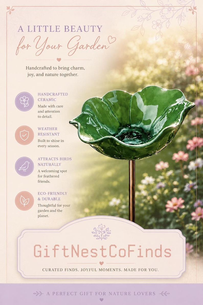 Puede incluir: Un ba&ntilde;o para p&aacute;jaros de cer&aacute;mica verde con forma de flor sobre una estaca de metal. El texto incluye: A LITTLE BEAUTY for Your Garden, Handcrafted to bring charm, joy, and nature together, HANDCRAFTED CERAMIC, WEATHER RESISTANT, ATTRACTS BIRDS NATURALLY, ECO-FRIENDLY & DURABLE, GiftNestCoFinds, CURATED FINDS. JOYFUL MOMENTS. MADE FOR YOU. A PERFECT GIFT FOR NATURE LOVERS.