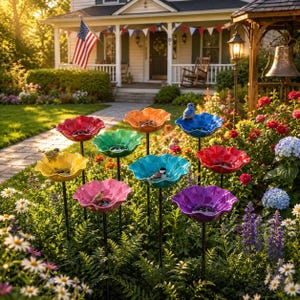 Puede incluir: Un conjunto de ocho comederos para p&aacute;jaros con forma de flor sobre finas estacas de metal negro, con p&eacute;talos rojos, naranjas, amarillos, verdes, azul claro, azul oscuro y morados, situados en un jard&iacute;n con varios p&aacute;jaros peque&ntilde;os.