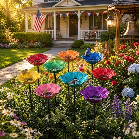Flower Bird Bath Stake, Metal Garden Bird Bath, Outdoor Bird Feeder Bowl, Pollinator Water Dish,  Outdoor Floral Water Dish for Birds