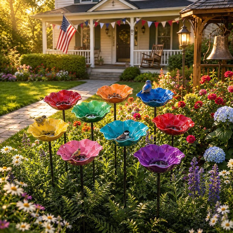 Puede incluir: Un conjunto de ocho comederos para p&aacute;jaros con forma de flor sobre finas estacas de metal negro, con p&eacute;talos rojos, naranjas, amarillos, verdes, azul claro, azul oscuro y morados, situados en un jard&iacute;n con varios p&aacute;jaros peque&ntilde;os.