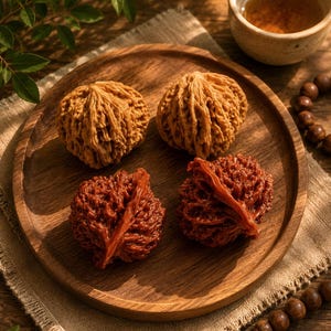 May include: Two light brown, textured walnuts and two dark reddish-brown, polished, deeply grooved walnuts arranged on a round wooden tray. The walnuts exhibit intricate, natural patterns and varying shades of brown, showcasing their unique, rugged surfaces.