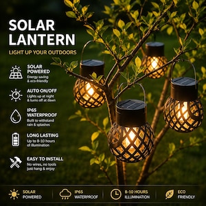 May include: Four black solar lanterns with a lattice pattern hanging from tree branches. Each lantern features a top solar panel, a metal handle, and a warm glowing light. Text on the image includes SOLAR LANTERN, LIGHT UP YOUR OUTDOORS, SOLAR POWERED, AUTO ON/OFF, IP65 WATERPROOF, LONG LASTING, and EASY TO INSTALL.