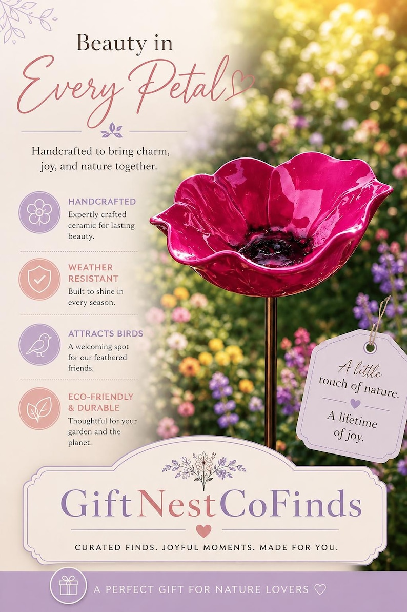 Puede incluir: Un ba&ntilde;o para p&aacute;jaros de cer&aacute;mica color magenta brillante sobre una estaca de metal delgada. El texto dice Beauty in Every Petals, Handcrafted, Weather Resistant, Attracts Birds, Eco-Friendly & Durable, A little touch of nature. A lifetime of joy. GiftNestCoFinds.