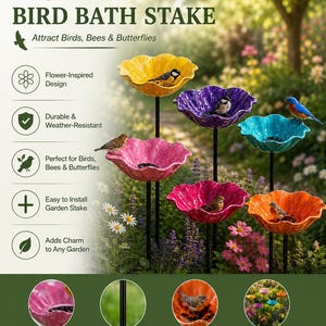Estaca para bebedero de pájaros con forma de flor, bebedero de metal para pájaros de jardín, comedero para pájaros de exterior, bebedero para polinizadores, bebedero floral de exterior para pájaros imagen 14