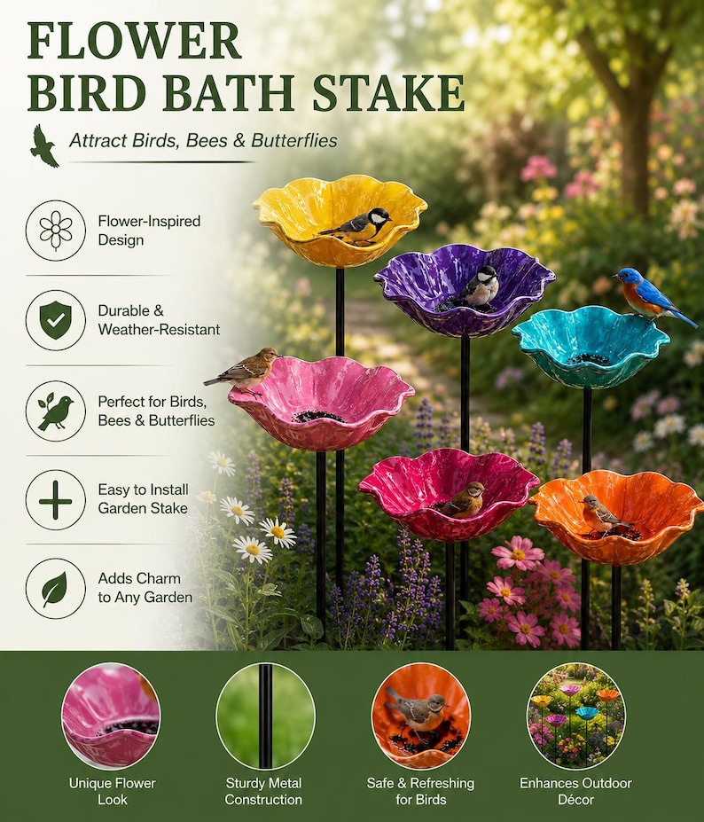 Estaca para bebedero de pájaros con forma de flor, bebedero de metal para pájaros de jardín, comedero para pájaros de exterior, bebedero para polinizadores, bebedero floral de exterior para pájaros imagen 14