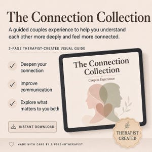 Puede incluir: Una tableta digital muestra The Connection Collection, una guía visual de 3 páginas creada por un terapeuta para parejas. La pantalla presenta el título, una silueta en forma de corazón de dos perfiles y texto sobre cómo profundizar la conexión.