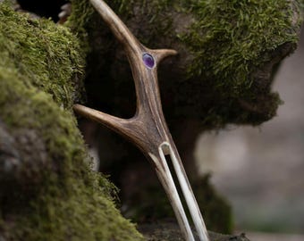 Amethyst Antler Hair Fork - Rustic Hair Pin - Fork Bun Holder