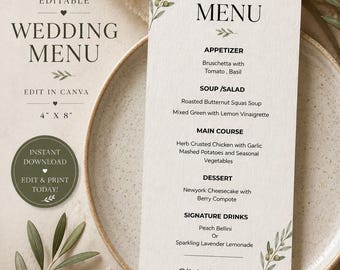 Editable Wedding Menu Template | Olive Branch Minimalist Reception Card (Instant Download)