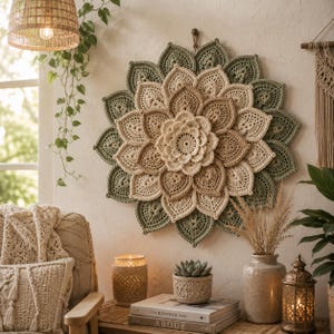 May include: A circular wall hanging featuring layered crochet petals in shades of cream, beige, and sage green. The design radiates from a central point with overlapping leaf-shaped segments, creating a dimensional floral appearance on a wall.