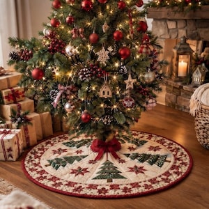K&ouml;nnte beinhalten: Ein runder, gesteppter Weihnachtsbaumteppich mit cremefarbener Basis und einem wiederkehrenden Muster aus gr&uuml;nen Tannenb&auml;umen und roten Sternen. Die kreisf&ouml;rmige Unterlage hat einen dunkelroten Rand und einen Schlitz mit roter Schleife.
