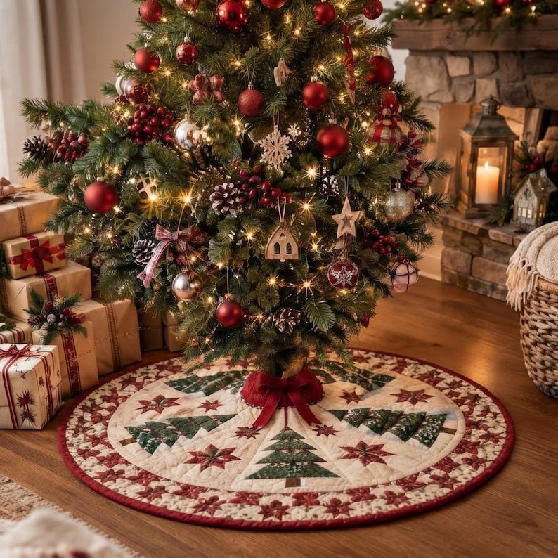 K&ouml;nnte beinhalten: Ein runder, gesteppter Weihnachtsbaumteppich mit cremefarbener Basis und einem wiederkehrenden Muster aus gr&uuml;nen Tannenb&auml;umen und roten Sternen. Die kreisf&ouml;rmige Unterlage hat einen dunkelroten Rand und einen Schlitz mit roter Schleife.