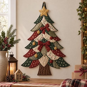 Puede incluir: Un tapiz acolchado con forma de árbol de Navidad, que presenta segmentos de tela superpuestos en verde oscuro, crema y rojo intenso con varios patrones. Está decorado con lazos de tela, pequeños adornos redondos y una estrella dorada en la punta.