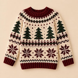May include: A long-sleeve crew neck sweater featuring a cream base with a dark red ribbed collar, cuffs, and hem. The garment displays a repeating pattern of dark green pine trees across the chest and large dark red snowflakes along the bottom.
