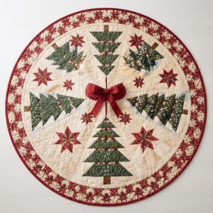 K&ouml;nnte beinhalten: Ein runder, gesteppter Weihnachtsbaumteppich mit cremefarbenem Hintergrund und einem wiederkehrenden Muster aus gr&uuml;nen Stoff-Tannenb&auml;umen und roten Stoff-Sternen. Der Rand ist mit einem rot-cremefarbenen Blumenmuster versehen und einer roten Schleife.