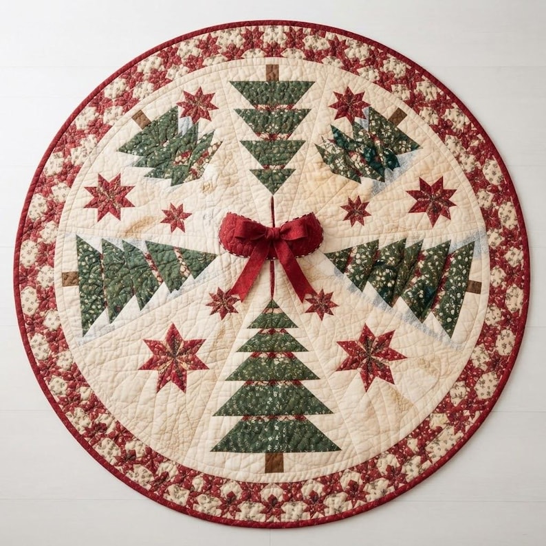 K&ouml;nnte beinhalten: Ein runder, gesteppter Weihnachtsbaumteppich mit cremefarbenem Hintergrund und einem wiederkehrenden Muster aus gr&uuml;nen Stoff-Tannenb&auml;umen und roten Stoff-Sternen. Der Rand ist mit einem rot-cremefarbenen Blumenmuster versehen und einer roten Schleife.