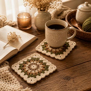 May include: Two square crochet coasters featuring a circular mandala pattern in cream, olive green, and brown yarn. The coasters have a scalloped edge and are crafted with a detailed stitch design, providing a textured surface for a ceramic mug.