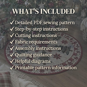 K&ouml;nnte beinhalten: Eine digitale Produktauflistung mit dem Text WHAT'S INCLUDED, gefolgt von einer Liste: Detailed PDF sewing pattern, Step-by-step instructions, Cutting instructions, Fabric requirements, Assembly instructions, Quilting guidance, Helpful diagrams und Printable pattern information.