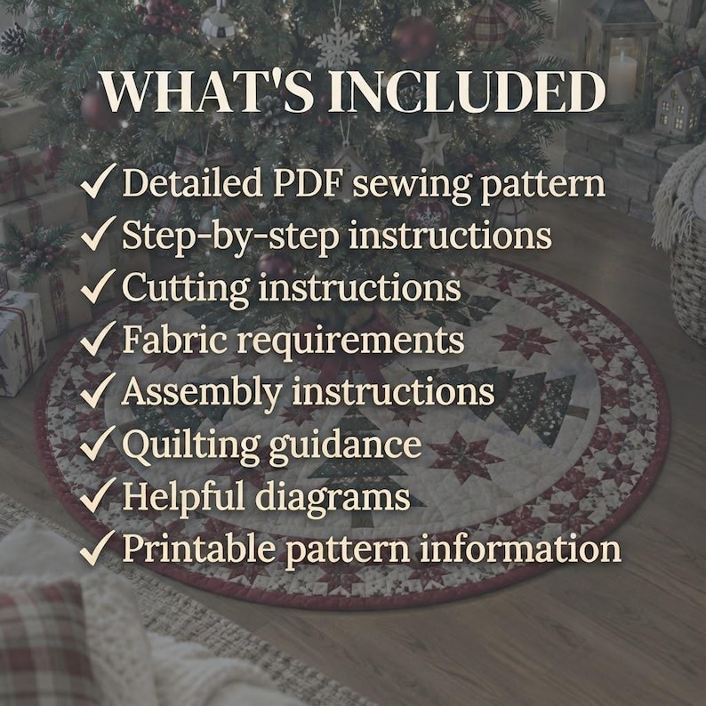 K&ouml;nnte beinhalten: Eine digitale Produktauflistung mit dem Text WHAT'S INCLUDED, gefolgt von einer Liste: Detailed PDF sewing pattern, Step-by-step instructions, Cutting instructions, Fabric requirements, Assembly instructions, Quilting guidance, Helpful diagrams und Printable pattern information.