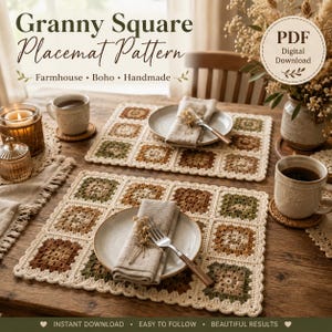 May include: A digital PDF download for a crochet granny square placemat pattern. The image displays two rectangular placemats made of cream, olive green, and brown yarn squares, each topped with a ceramic plate, linen napkin, and silver fork.