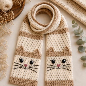 May include: A crochet scarf featuring a cream and tan striped pattern with two cat faces at the ends. Each cat face has two small triangular ears, black button eyes, a small pink heart-shaped nose, and three black embroidered whiskers.