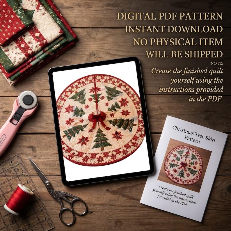 K&ouml;nnte beinhalten: Ein digitales PDF-Schnittmuster f&uuml;r eine runde Weihnachtsbaumdecke mit gr&uuml;nen Tannenb&auml;umen und roten Weihnachtssternmotiven auf cremefarbenem Grund. Das Tablet zeigt das Design, begleitet von einer Anleitung, einer Schere und Garn.