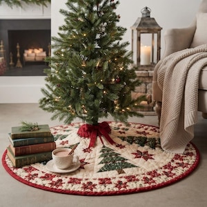 K&ouml;nnte beinhalten: Ein runder, gesteppter Weihnachtsbaumteppich mit cremefarbener Basis, verziert mit einem wiederkehrenden Muster aus dunkelgr&uuml;nen Tannenb&auml;umen und dunkelroten Sternmotiven, abgerundet durch eine rote Stoffkante und eine rote Schleife.