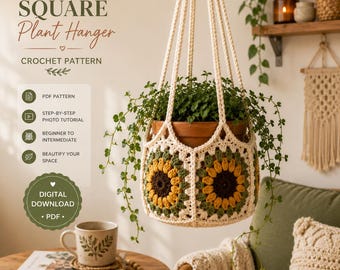 May include: A crochet plant hanger featuring a sunflower-inspired granny square pattern in cream, yellow, and dark brown yarn. The hanging basket holds a potted plant with trailing green leaves. Text on the image reads GRANNY SQUARE Plant Hanger.