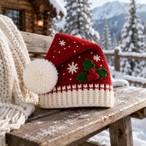Op de afbeelding: Een rode gehaakte kerstmuts met een witte geribbelde rand, een grote witte pompon en witte sneeuwvlokborduursels. De muts is aan de zijkant versierd met een groen gehaakt hulstblad en drie rode bessen voor een feestelijk uiterlijk.