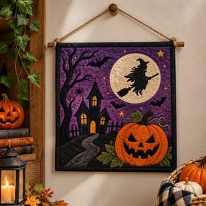 May include: A square quilted wall hanging featuring a purple background with a black silhouette of a haunted house, a witch on a broomstick flying across a full moon, bats, a spider, and a large orange jack-o'-lantern with green leaves.