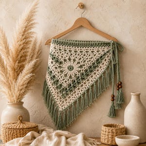 May include: A triangular crochet shawl featuring a cream-colored floral center pattern with sage green accents. The shawl is finished with long sage green fringe tassels and decorative brown wooden beads attached to the side ties on a wooden hanger.