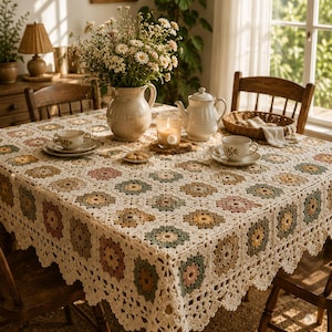 Granny Square Tablecloth Crochet Pattern, Vintage Flower Table Cover (PDF Download)